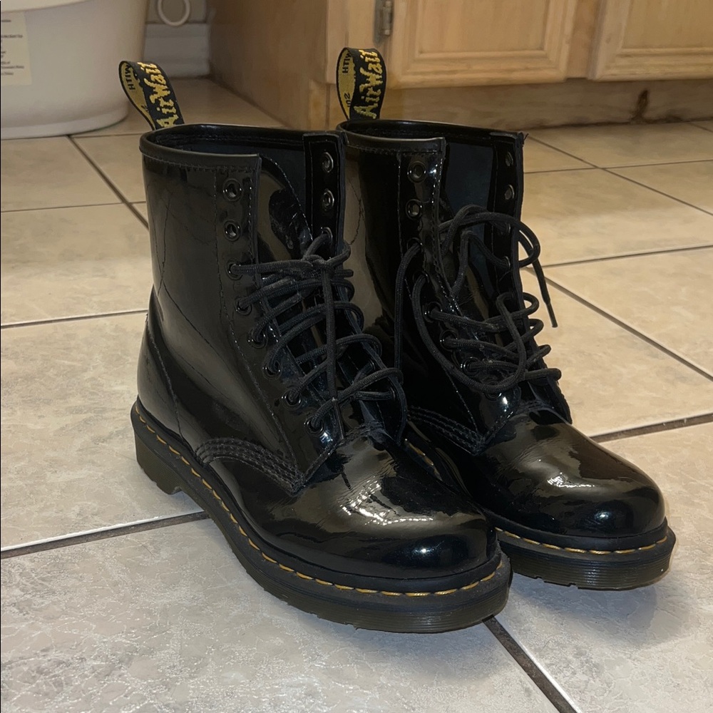 Dr. Martens Black Patent 8-Eye Lace-Up Boots with Yellow Stitching